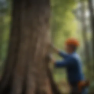 A professional assessing the health of a tree before trimming.