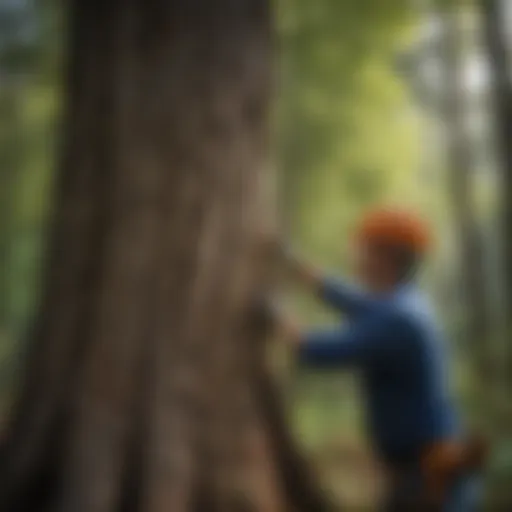 A professional assessing the health of a tree before trimming.