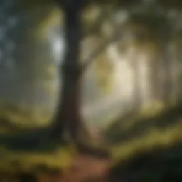 A serene forest scene with a majestic tree.