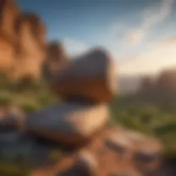 A panoramic view of Balancing Rock amidst lush greenery