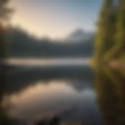 Serene view of Bard Lake at dawn with mist rising from the water