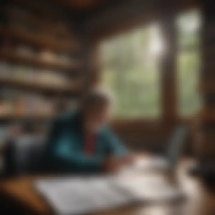 A volunteer researching organizations on a laptop, surrounded by books and notes.