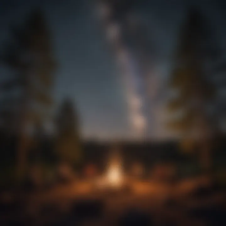 Campers enjoying a peaceful evening by a crackling campfire under a starlit sky.