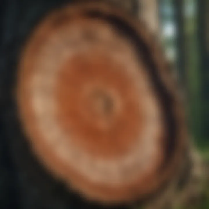 A close-up view of a tree trunk revealing its rings, symbolizing age and carbon storage capacity