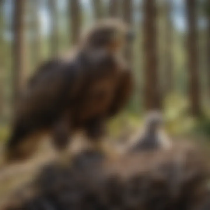 Eagle chicks in the nest being cared for by their parent.