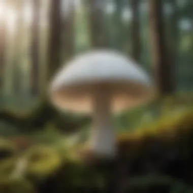 A pristine white mushroom growing in a forest setting