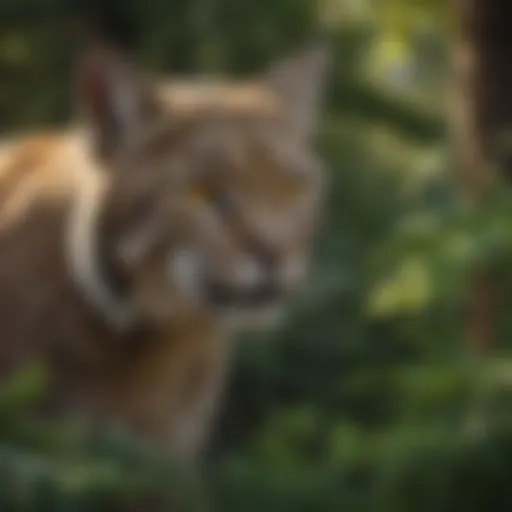 A bobcat stealthily navigating through urban foliage