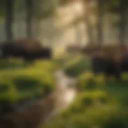 A herd of buffalo grazing in a lush green meadow.