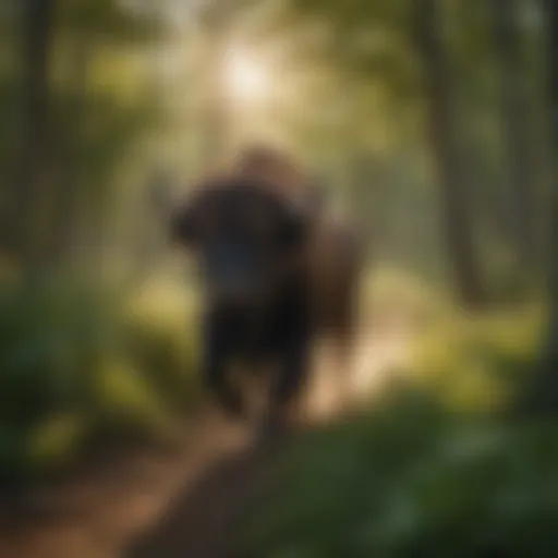 Buffalo running through a lush green landscape