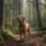 A serene forest landscape with a dog enjoying the outdoors