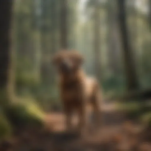 A serene forest landscape with a dog enjoying the outdoors