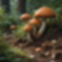 A diverse array of common backyard mushrooms in a garden setting.