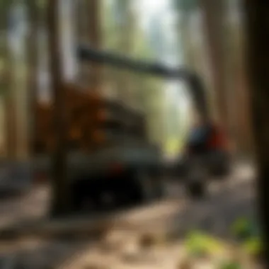 Modern log crane trailer in action within a dense forest environment