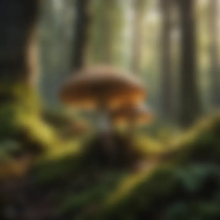 A picturesque forest scene illustrating the ecological role of mushrooms within a thriving woodland ecosystem.