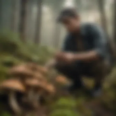 An expert forager examining a diverse array of wild mushrooms in a dense forest.