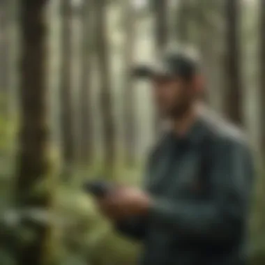 Conservation Survey of Rare Plant Species A conservationist surveying a forest area rich in rare plant species, emphasizing conservation efforts.