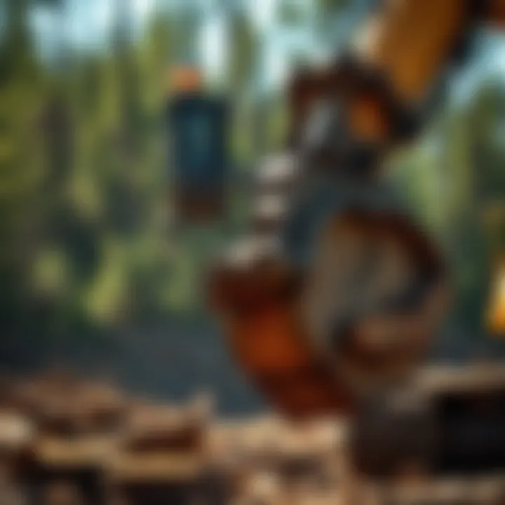 Excavator Forestry Head in Action Detailed view of an excavator forestry head in action