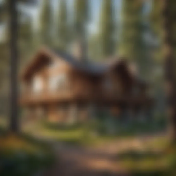 A serene landscape featuring log homes surrounded by lush forests