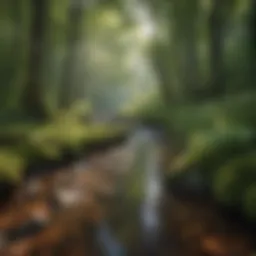 A serene brook meandering through a lush forest, highlighting the beauty of woodland trails.