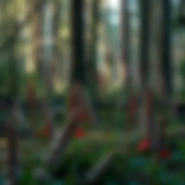 Diverse Flora and Fauna in Red Forests A diverse array of flora and fauna thriving in the underbrush of the red forest ecosystem