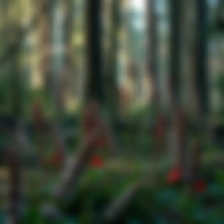 Diverse Flora and Fauna in Red Forests A diverse array of flora and fauna thriving in the underbrush of the red forest ecosystem