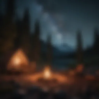 A cozy campsite setup with a campfire under a starlit sky.