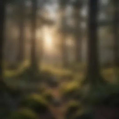 A serene forest landscape showcasing diverse tree species and wildlife