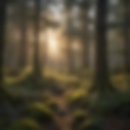 A serene forest landscape showcasing diverse tree species and wildlife