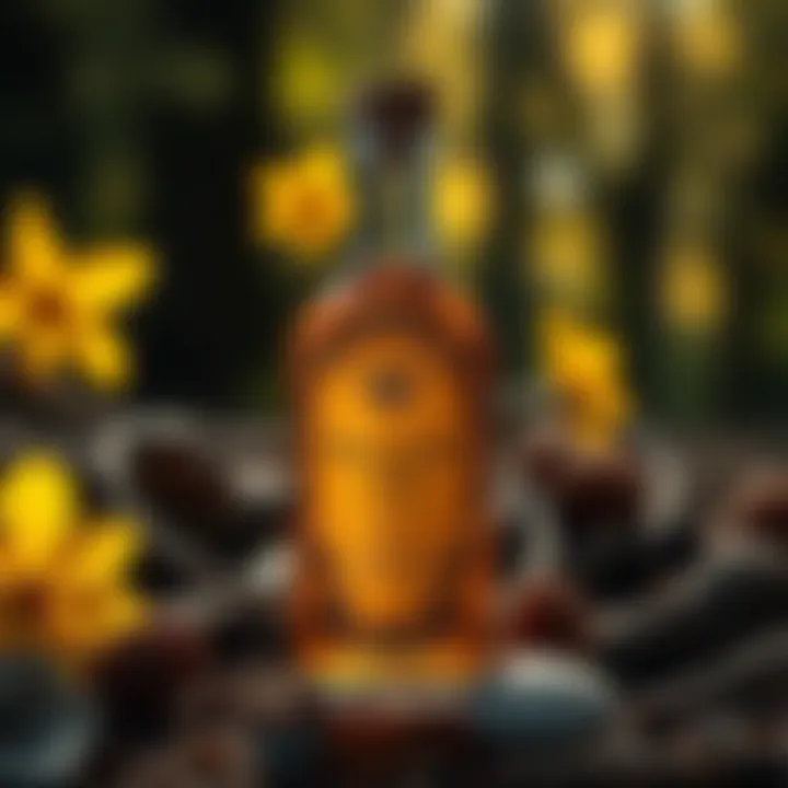 An elegant bottle of hamamelis oil displayed with natural elements