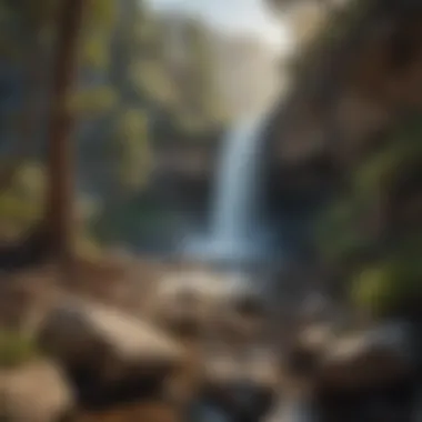 Panoramic view of a waterfall surrounded by rugged terrain