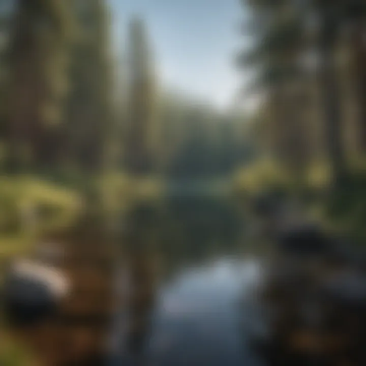A serene view of a tranquil lake surrounded by pine trees, perfect for a peaceful hiking experience.