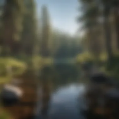 Tranquil Lake Surrounded by Pines A serene view of a tranquil lake surrounded by pine trees, perfect for a peaceful hiking experience.