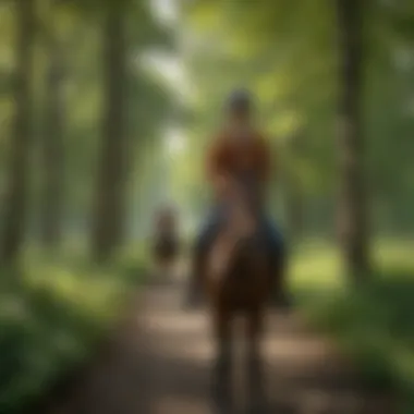 A serene view of horseback riders in a lush Detroit park.