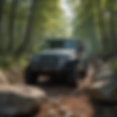 Navigating Rocky Terrain in Mark Twain National Forest A Jeep navigating rocky terrain, highlighting trail accessibility in the forest