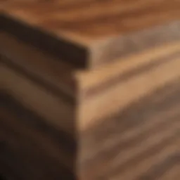 A close-up view of laminated lumber showcasing the layers and adhesives used in its construction.