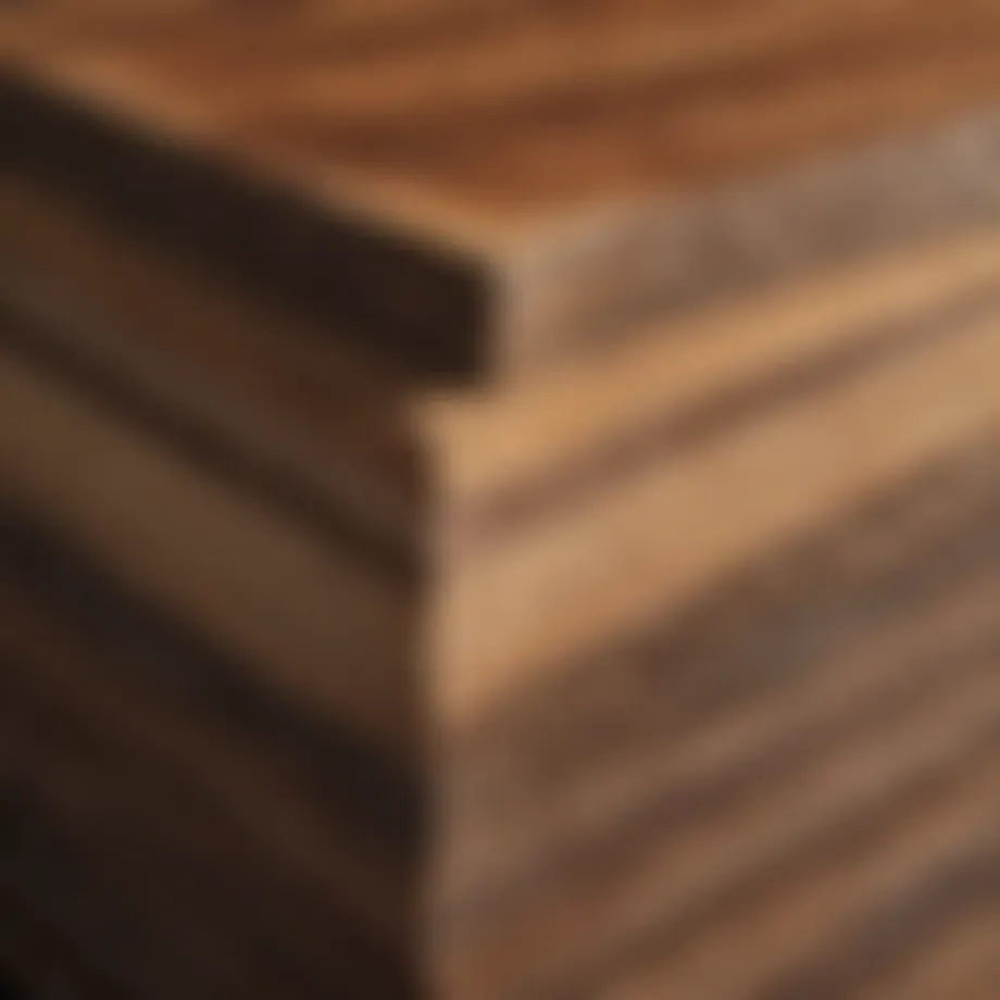 A close-up view of laminated lumber showcasing the layers and adhesives used in its construction.