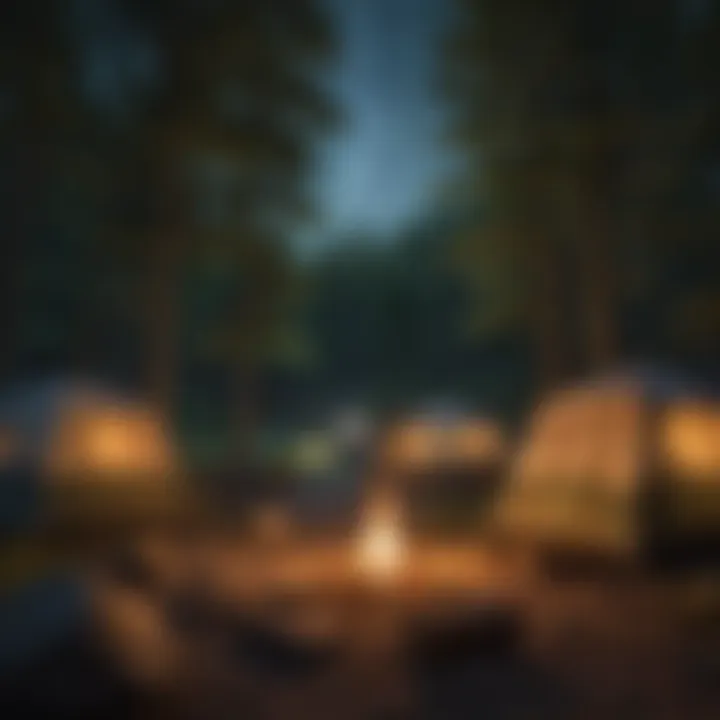 A vibrant campground scene with tents and a campfire under a starlit sky in a Pennsylvania State Park.