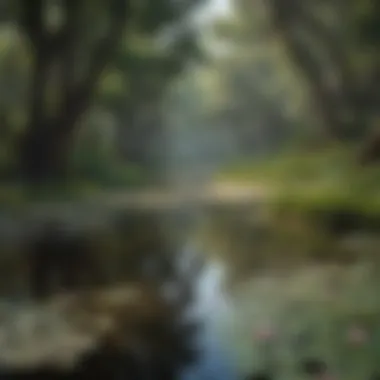 Bayou with Water Lilies A serene landscape featuring a bayou adorned with blooming water lilies