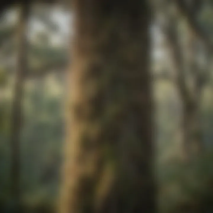 An intricate close-up of a cypress tree draped in Spanish moss