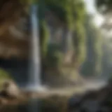 A breathtaking waterfall cascading down a rocky cliff surrounded by lush greenery.