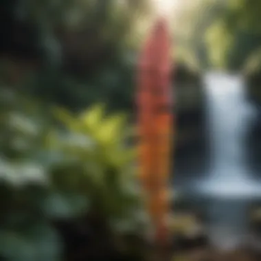 Close-up of vibrant flora flourishing near a serene waterfall.