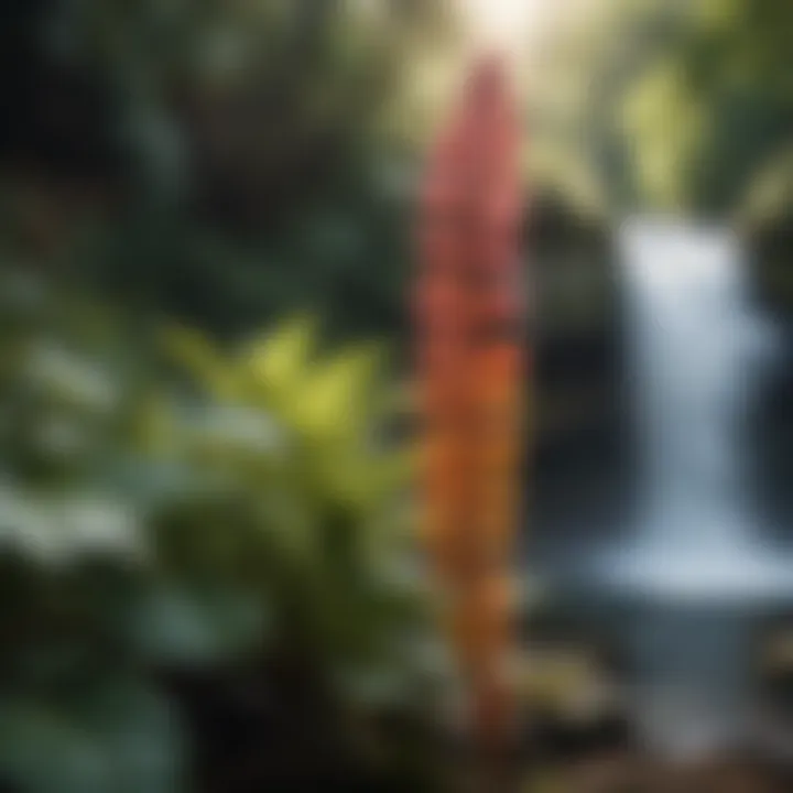 Close-up of vibrant flora flourishing near a serene waterfall.