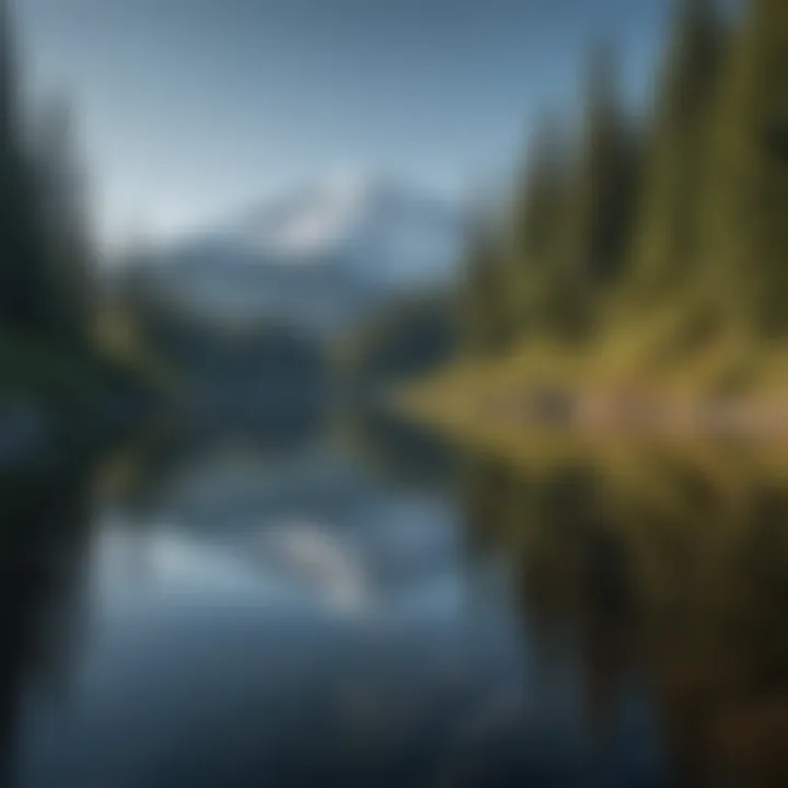 A tranquil alpine lake reflecting Mount Baker under a clear blue sky.