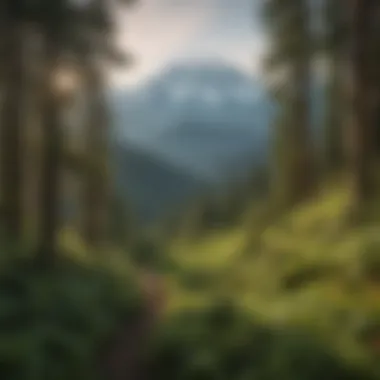 A panoramic view of Mount Baker with lush green forests in the foreground.