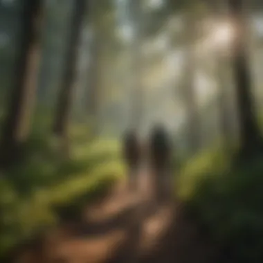 Hikers on a scenic trail surrounded by lush greenery and wildlife