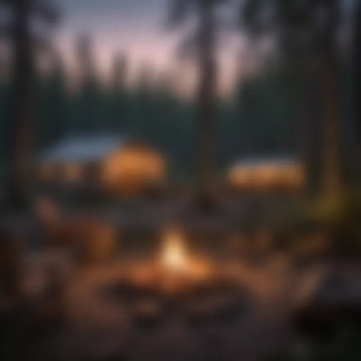 A cozy campsite with tents and campfire at dusk