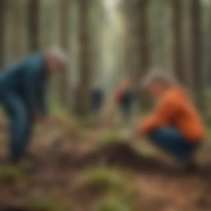 Volunteers planting young trees in a community forest