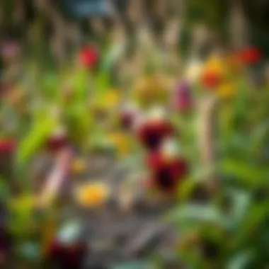 Close-up of diverse plants in a peace garden, showcasing biodiversity in a harmonious setting