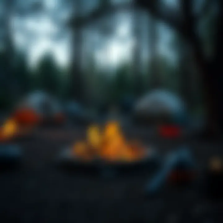 Campfire setting at Pine Grove with camping equipment