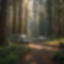 Expansive view of RV campgrounds nestled among towering redwoods